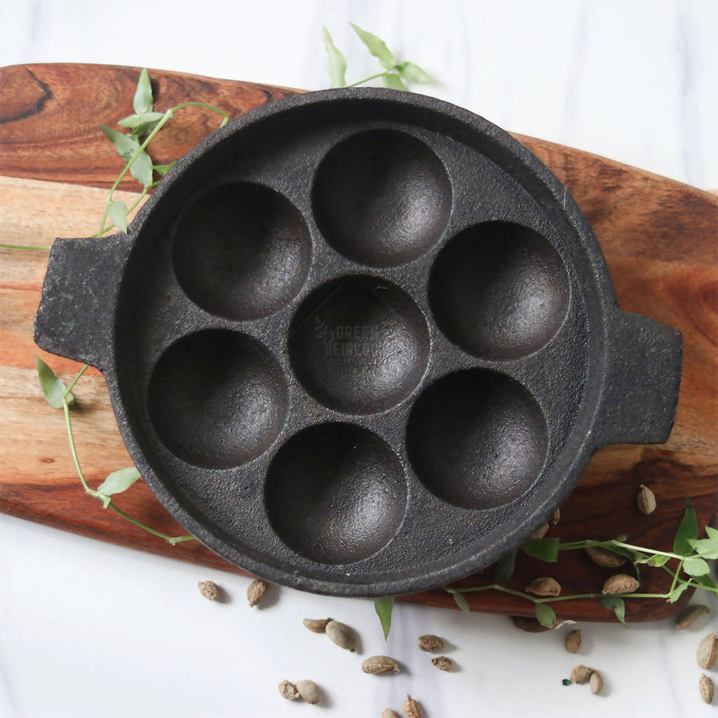 Cast Iron Cookware | Unniappam Pan | 7 Cups | Diameter-9 inch & Height-2.2 inch By Green Heirloom